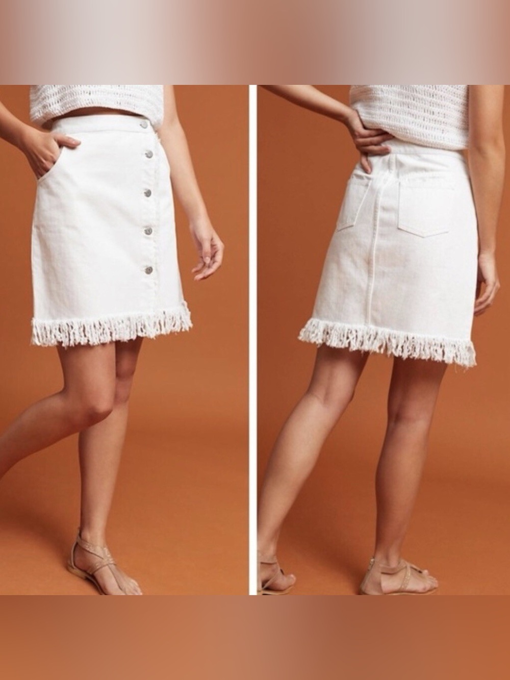 Pilcro & the Letterpress Anthropologie White Denim Fringe Mini Skirt Size 8
